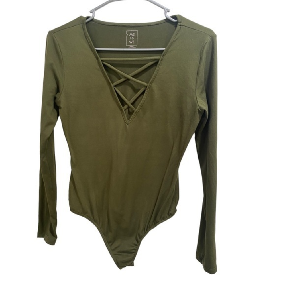 Pac Sun Me To We Womens Size Small V Neck‎ Long Sleeve Bodysuit Solid Army Green